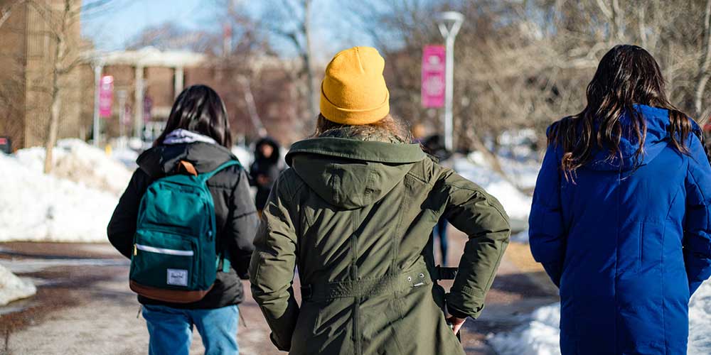 Three people walking away from the camera on a sunny winter day.